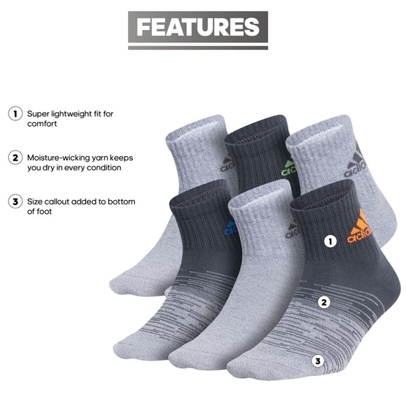 3 pairs Adidas Youth Superlite Badge of Sport Quarter Socks 6 Pack - Picture 1 of 13